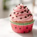 Watermelon cupcakes with pink buttercream and chocolate chip seeds on marble