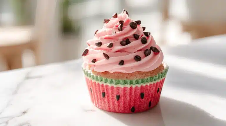 Watermelon cupcakes with pink buttercream and chocolate chip seeds on marble