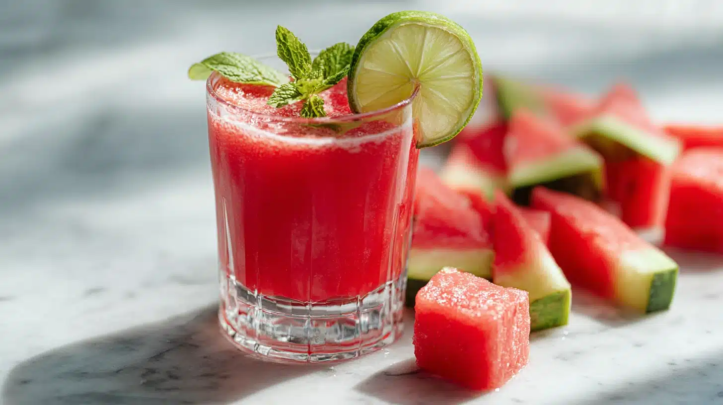 Homemade Watermelon Juice: The Freshest Summer Drink You'll Ever Sip 18 Tall glass of fresh watermelon juice with lime, mint, and ice on a wooden surface