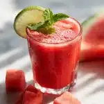 A vibrant glass of fresh watermelon juice with a lime wheel and mint garnish, surrounded by juicy watermelon chunks on a summer table.