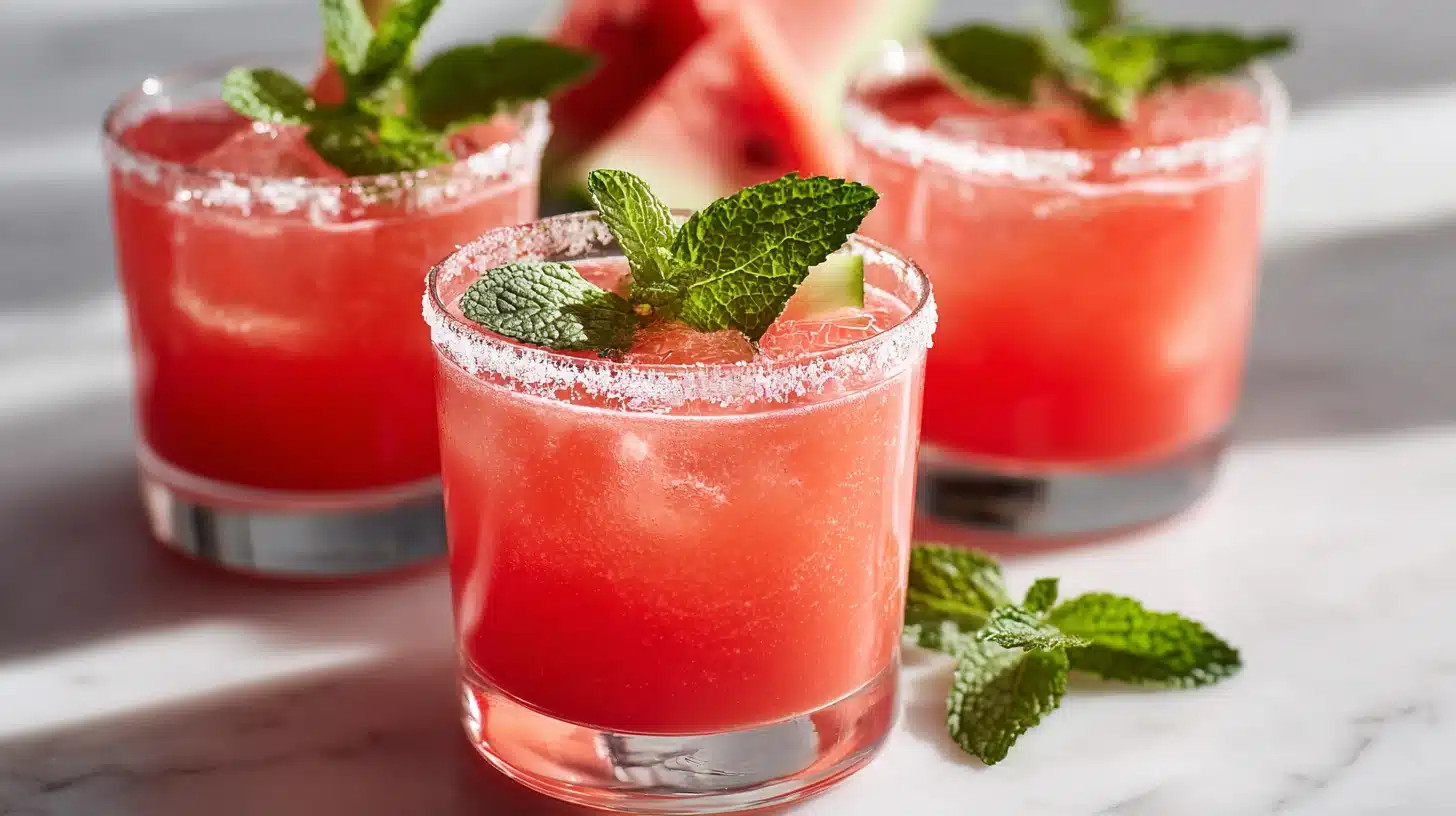 Fresh Watermelon Lemonade That Tastes Like Summer in a Glass 21 A pitcher of fresh watermelon lemonade with salt-rimmed glasses and mint garnish