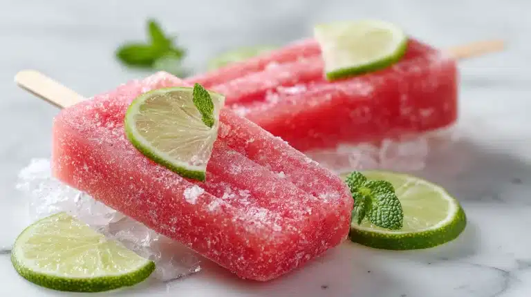 Homemade watermelon popsicle row on a wooden surface with lime and mint
