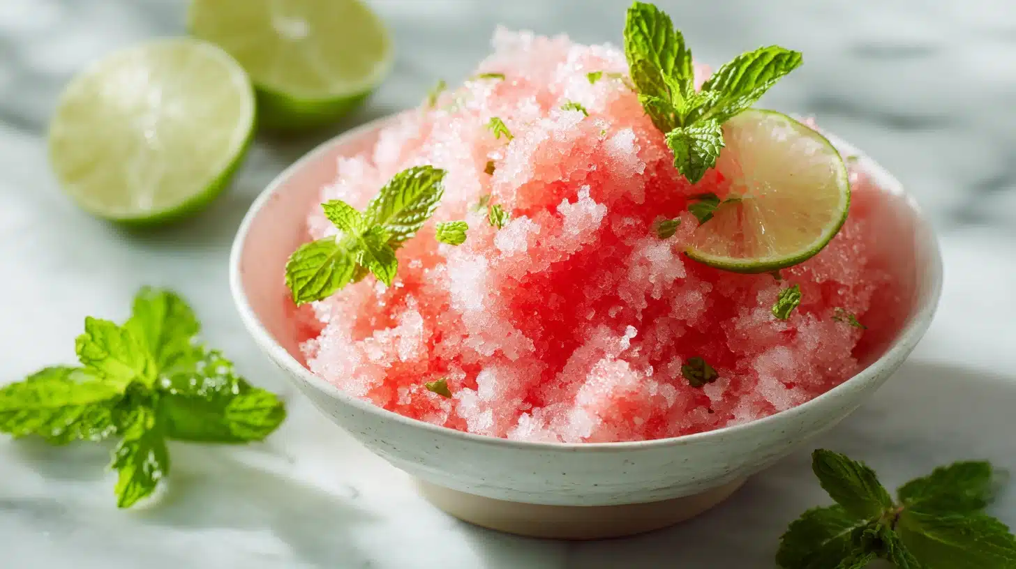 Watermelon Shaved Ice: The Coolest Summer Treat You Can Make at Home 17 A cup of fluffy watermelon shaved ice topped with honey drizzle and fresh mint