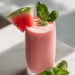 A tall glass of thick, creamy pink watermelon smoothie garnished with a fresh watermelon wedge and vibrant green mint leaves, sitting on a light wooden table in natural daylight.