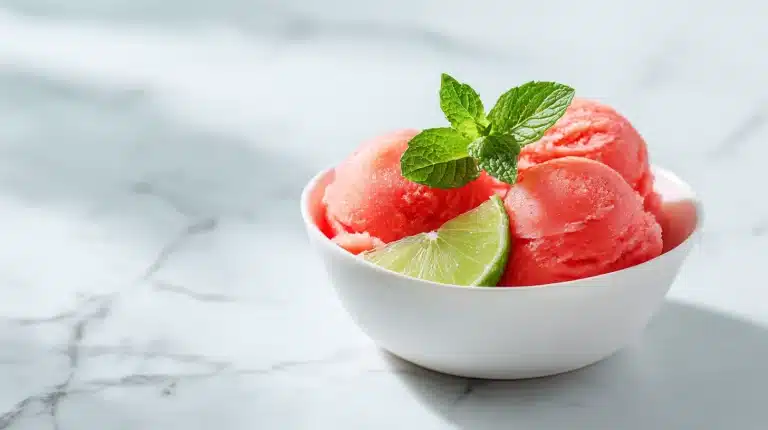 Three scoops of watermelon sorbet in a ceramic bowl garnished with mint and lime
