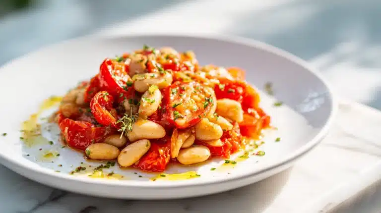 White Bean & Tomato Skillet in a cast iron pan with parsley and Parmesan garnish