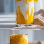 A crystal-clear glass holding a vibrant orange adrenal cocktail recipe drink, featuring a creamy coconut milk swirl and a fresh orange slice garnish on the rim, set against a bright, airy kitchen background.