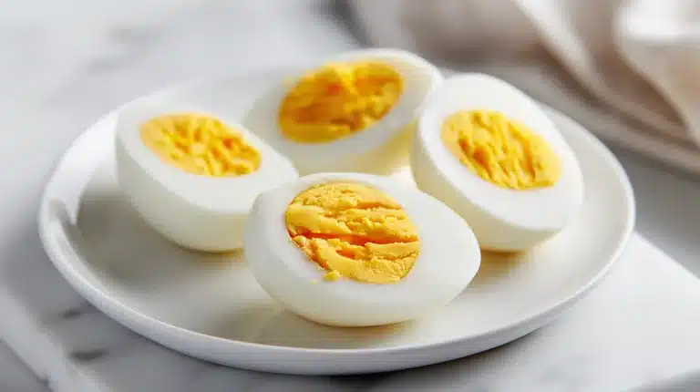 A bowl of perfectly peeled air fryer hard boiled eggs with bright yellow yolks on a wooden board.