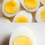 Two halved air fryer hard boiled eggs on a white plate, revealing creamy, bright yellow yolks and tender, perfectly set whites, with a light, airy kitchen background.