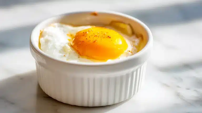Two perfectly cooked air fryer poached eggs on English muffins with hollandaise.