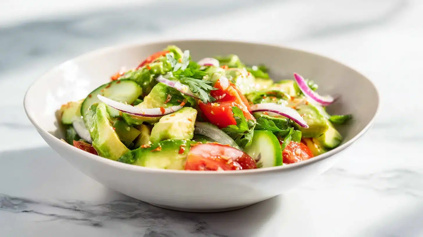 The 15-Minute Avocado Salad That Stays Green for Days 23 A fresh avocado salad with tomatoes, cucumber, and red onion in a white bowl.
