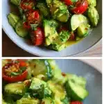 A vibrant, chunky avocado salad in a white bowl, bursting with bright green avocado cubes, glossy red cherry tomatoes, and crisp cucumber slices, all glistening with lime dressing and flecked with fresh cilantro on a light wood table.