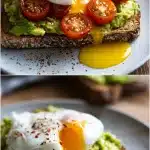 A slice of rustic sourdough bread topped with bright green mashed avocado, a glossy poached egg with a golden yolk beginning to break, surrounded by vibrant halved cherry tomatoes and a sprinkle of red pepper flakes and black pepper on a ceramic plate.