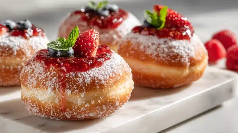 Close up of Baked jam filled donuts with sugar coating and red jelly center.