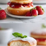 Fluffy baked jam filled donut rolled in sugar, filled with glossy strawberry jam, topped with fresh mint and berries, on a bright table.