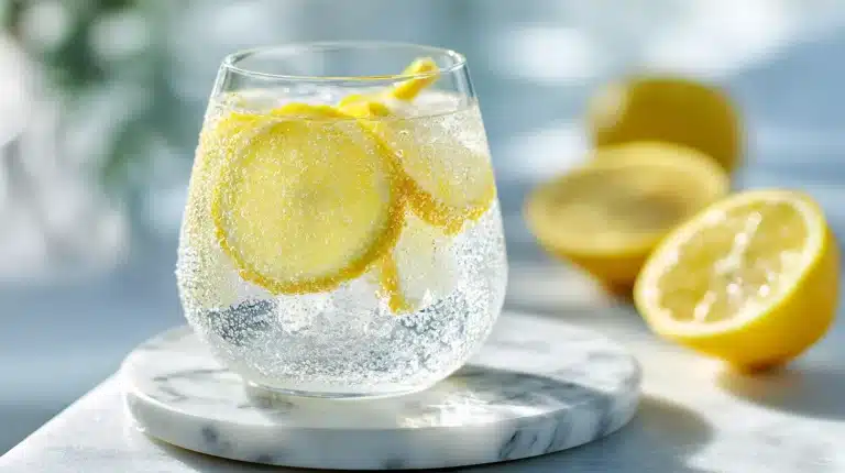 A refreshing glass of baking soda and lemon water with rising bubbles and fresh lemon slices.