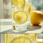 A clear glass of baking soda and lemon water tonic with visible bubbles and fizzing reaction, garnished with fresh yellow lemon slices and a sprig of mint on a light marble surface, bright natural lighting.
