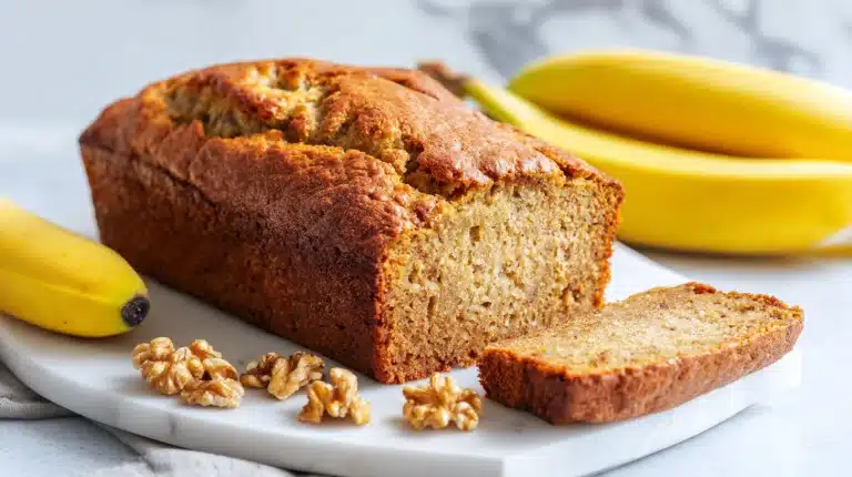 Sliced moist banana bread made with oil instead of butter, showing a tender soft crumb