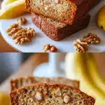 A perfectly moist, golden-brown banana bread loaf with a rustic cracked top, surrounded by fresh bananas and walnuts, with a sliced piece revealing a soft, tender crumb.