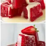 Glossy, ruby-red sugar-free strawberry gelatin cubes drizzled with creamy vanilla protein sauce and garnished with a fresh strawberry slice, demonstrating bariatric gelatin recipe ingredients on a white plate.