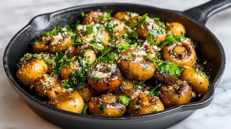 A skillet of butter garlic mushroom with golden seared cremini and fresh herbs