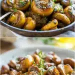 Close-up of a cast iron skillet filled with golden-brown caramelized cremini mushrooms glistening in garlic butter, garnished with fresh green parsley and thyme sprigs, a perfect butter garlic mushroom side dish.