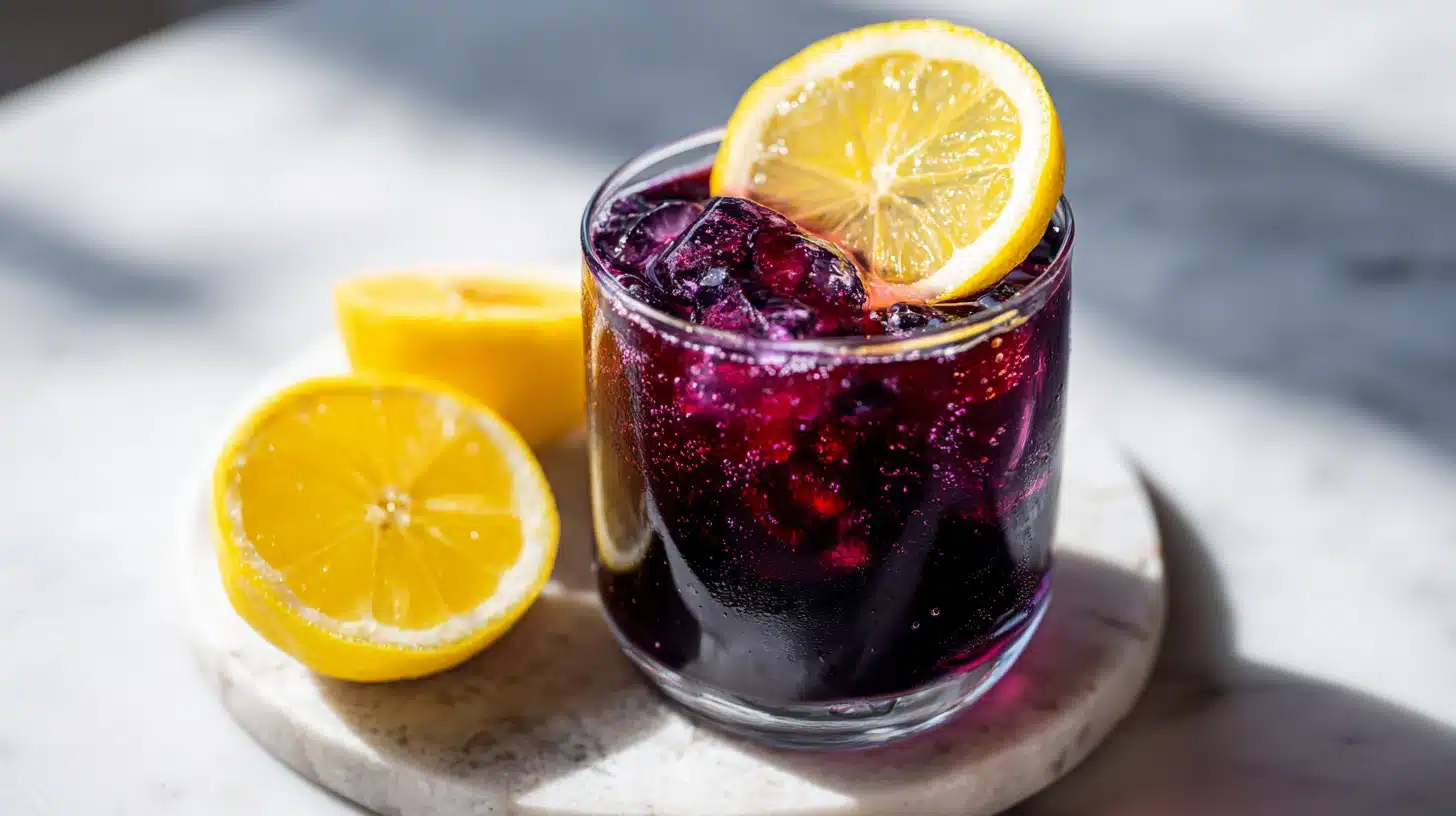 Butterfly Pea Flower Tea: The Color-Changing Brew You Need 17 A glass of butterfly pea flower tea showing the blue to purple color shift with ice and lemon.