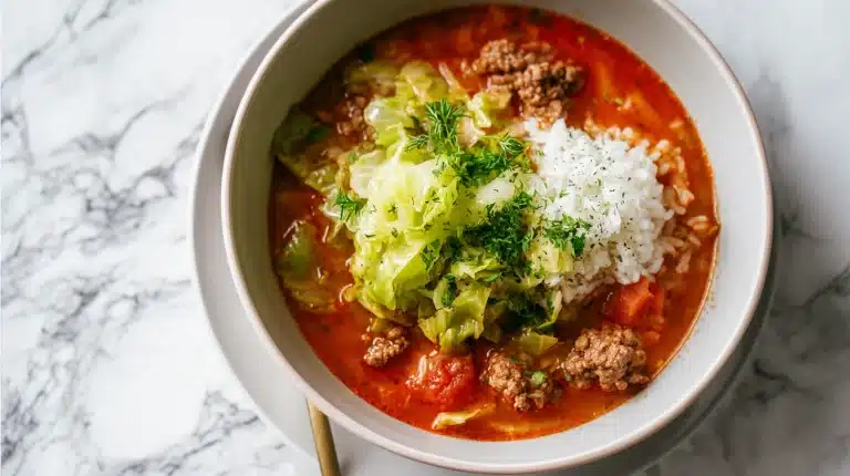 A rustic bowl of cabbage roll soup with ground beef and rice.