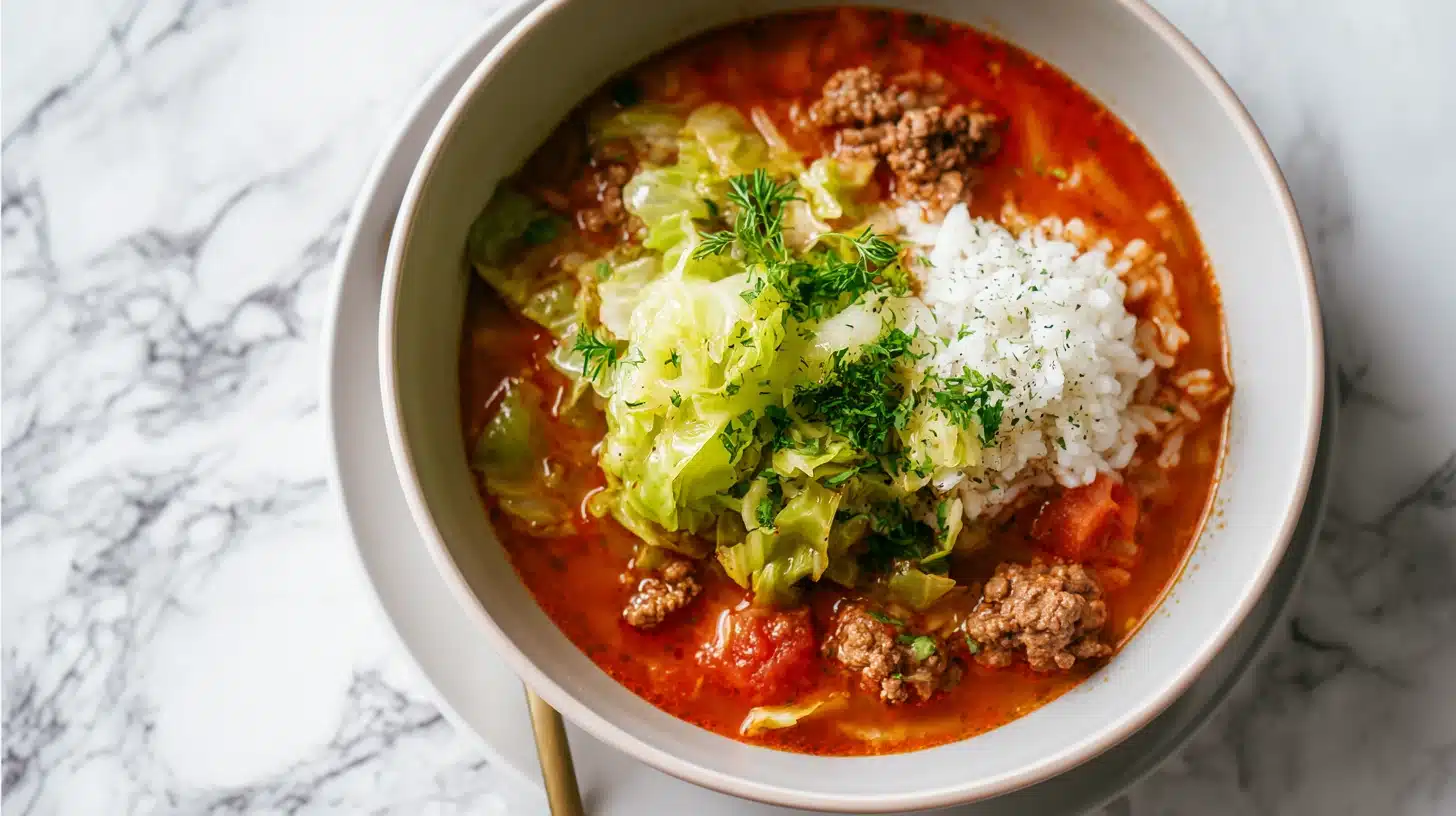 Cabbage Roll Soup: All the Comfort, None of the Rolling 26 A rustic bowl of cabbage roll soup with ground beef and rice.