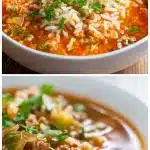 A steaming bowl of cabbage roll soup featuring tender ground beef, fluffy white rice, and vibrant green shredded cabbage in a rich, red-hued tomato broth, garnished with a sprinkle of fresh green parsley on a rustic table.