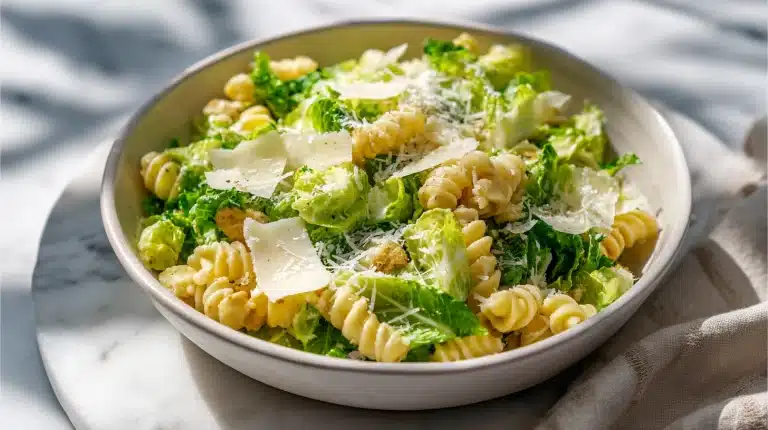 A creamy caesar pasta salad recipe featuring cavatappi noodles, romaine, and parmesan.
