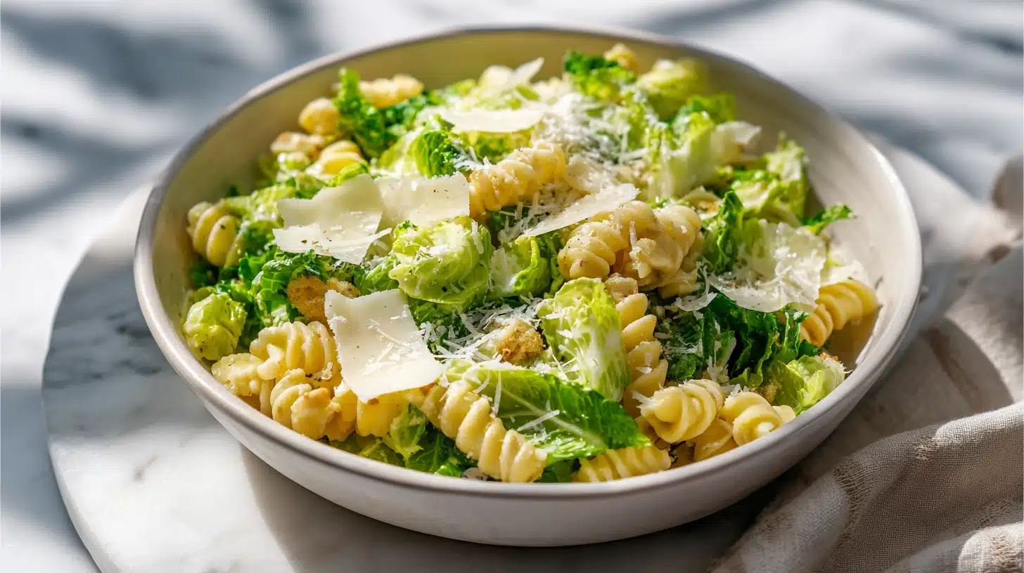 The Ultimate Caesar Pasta Salad Recipe (No Soggy Noodles) 26 A creamy caesar pasta salad recipe featuring cavatappi noodles, romaine, and parmesan.