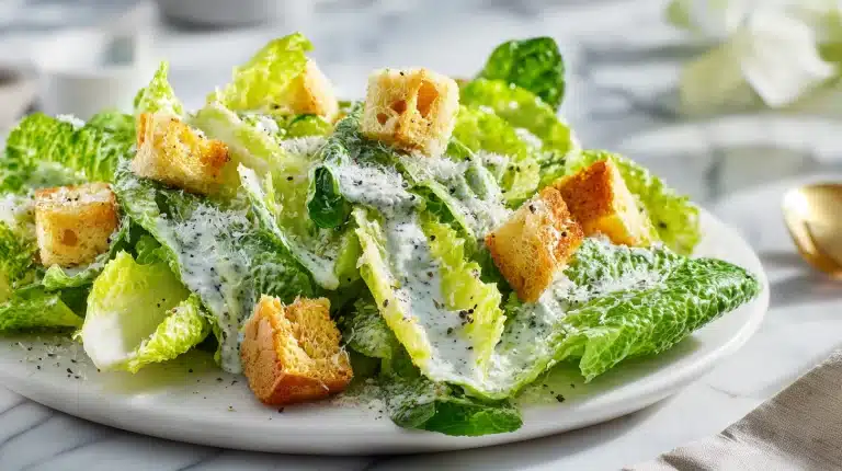 A close up of a freshly tossed caesar salad in a white bowl.