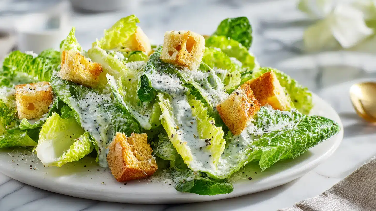The Classic Caesar Salad: Crisp Romaine, Real Parmesan, No Bottled Dressing 28 A close up of a freshly tossed caesar salad in a white bowl.