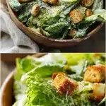 A vibrant classic caesar salad in a wooden bowl, with crisp romaine lettuce, golden garlic parmesan croutons, creamy dressing drizzled on top, and fresh parmesan curls scattered throughout, on a rustic table.