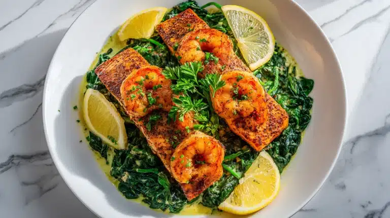 Cajun shrimp and salmon with garlic cream in a cast iron skillet, garnished with parsley