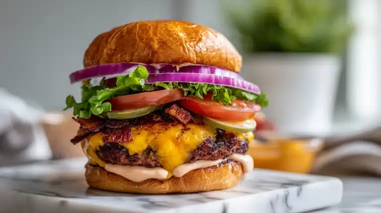 A Cajun surf and turf burger with shrimp, andouille, and melted cheese on a toasted bun