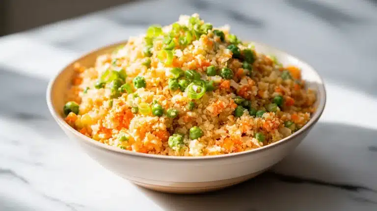 A bowl of cauliflower fried rice with peas, carrots, and eggs.