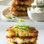 A stack of perfectly golden brown and crispy cauliflower fritters on a plate, garnished with chopped fresh green scallions, with a small white bowl of creamy lemon garlic aioli on the side, showcasing the ultimate crispy cauliflower fritters texture.