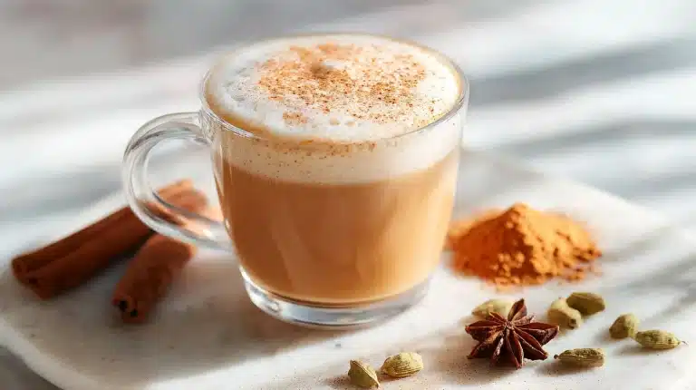 A steaming mug of spiced chai made with homemade chai latte powder