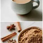Close-up of a steaming creamy chai latte in a glass mug beside a rustic wooden bowl filled with aromatic homemade chai latte powder, featuring visible whole spices like cinnamon sticks, star anise, and cardamom pods on a dark textured surface.