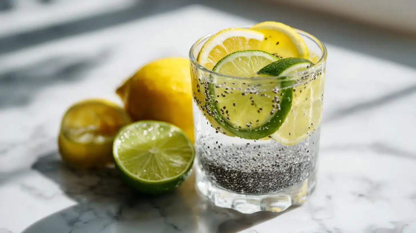 Chia Seed Water (The Internal Shower Drink): Ratio, Benefits, Timing 11 A glass of refreshing chia seed water with lemon and mint.