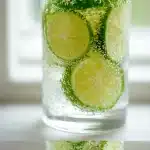 A crystal-clear glass of chia seed water with suspended gelatinous seeds, fresh lemon and lime slices floating inside, set on a bright surface with natural light, looking ultra-hydrating and fresh.