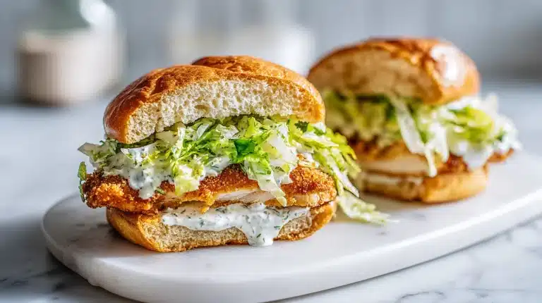 A crispy chicken caesar salad sandwich on a toasted sub roll with romaine.
