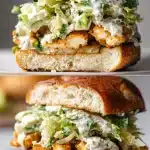Close-up of a cross-sectioned Chicken Caesar Salad Sandwich showing layers of golden panko-crusted chicken cutlet, shredded crunchy romaine lettuce, and a generous drizzle of creamy homemade Caesar dressing on a glossy toasted brioche bun.