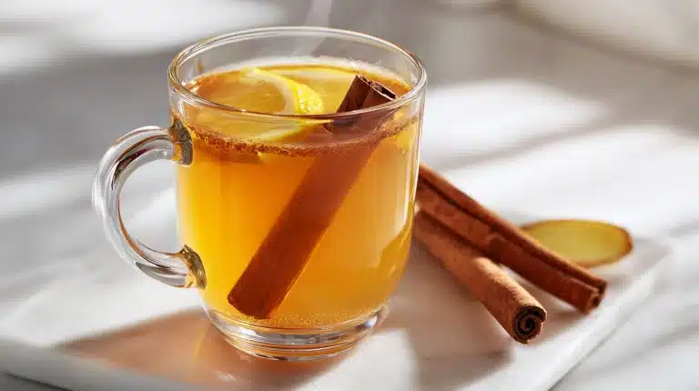 A warm mug of homemade cinnamon tea recipe with ginger and honey.