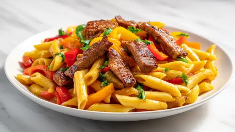 A bowl of Creamy Cajun Steak Pasta with crusty beef strips and creamy orange sauce