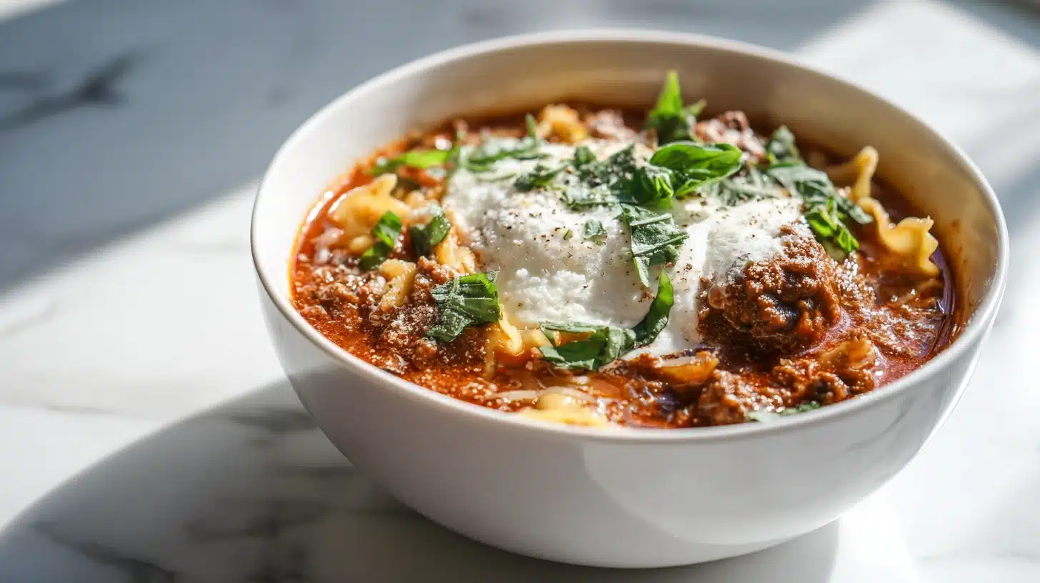 Bowl of Creamy Lasagna Soup with melted mozzarella and basil.