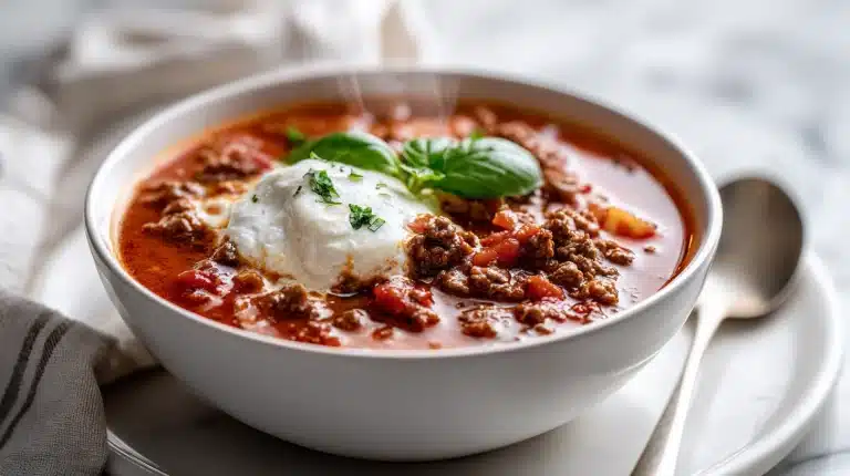 Crockpot Lasagna Soup with melted cheese in a rustic bowl