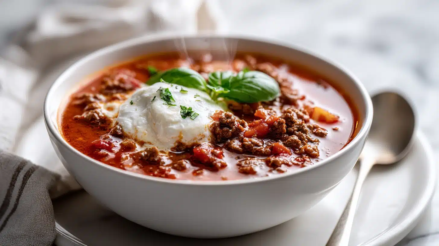 The Ultimate Crockpot Lasagna Soup 26 Crockpot Lasagna Soup with melted cheese in a rustic bowl